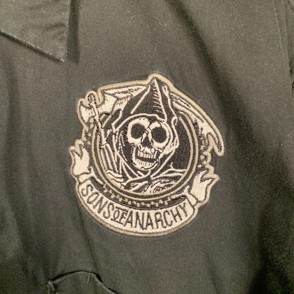 Sons of Anarchy Black Button Up Shirt Short Sleeve Biker Reaper Patch Men's XL - Picture 2 of 8